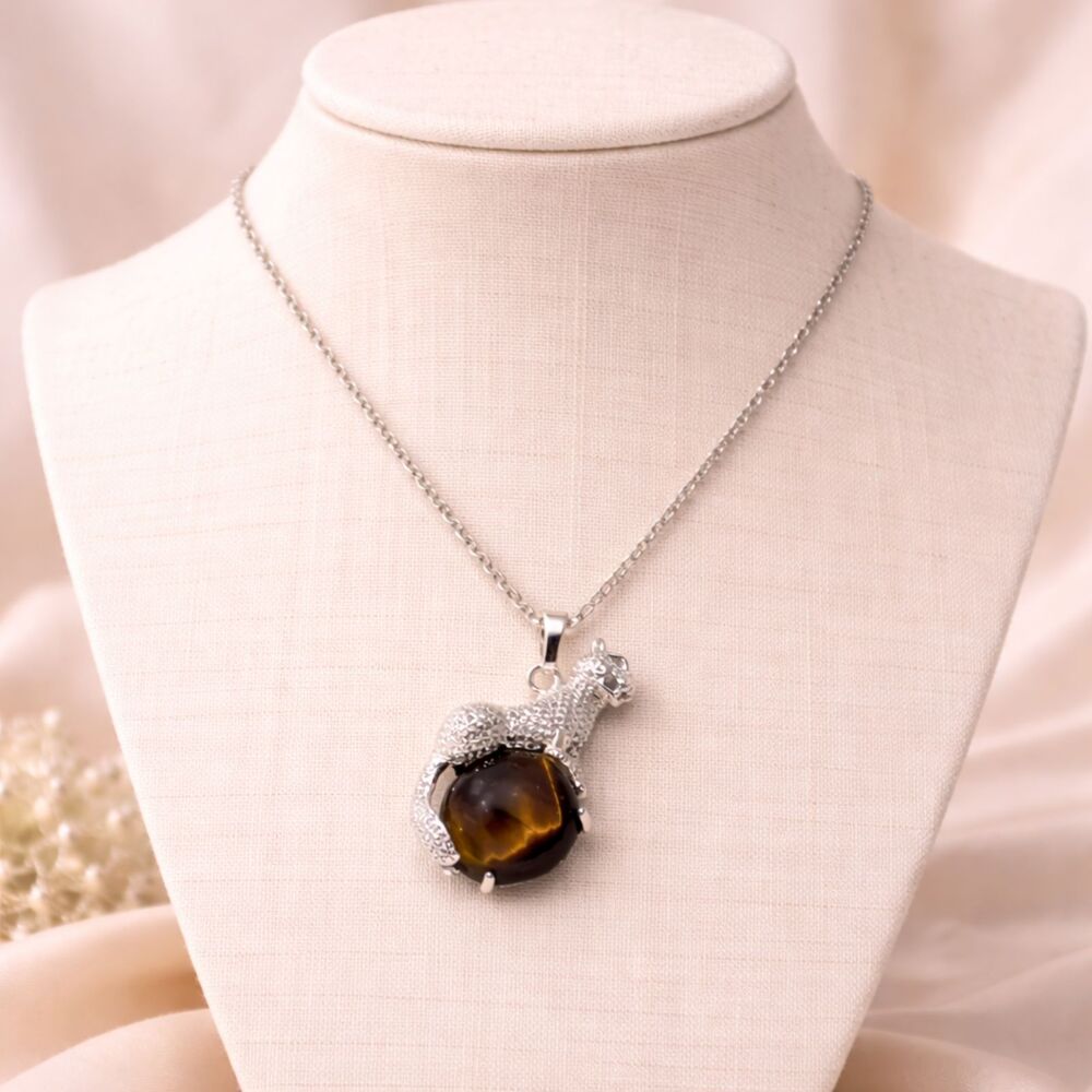 Silver Tone Leopard Tiger's Eye Pendant Necklace 18 Inch - Picture 2 of 7